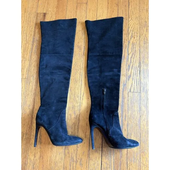 Alexander Wang Over The Knee Black Suede Leather Boots Stiletto Heel Size 37 GUC