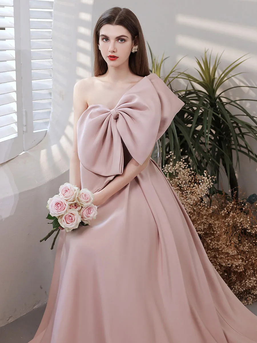Aline Satin Pink Long Prom Dress, Pink Formal Wedding Party Dress