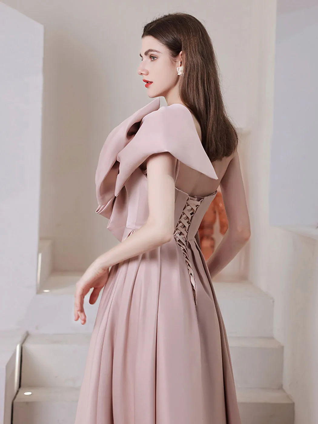 Aline Satin Pink Long Prom Dress, Pink Formal Wedding Party Dress