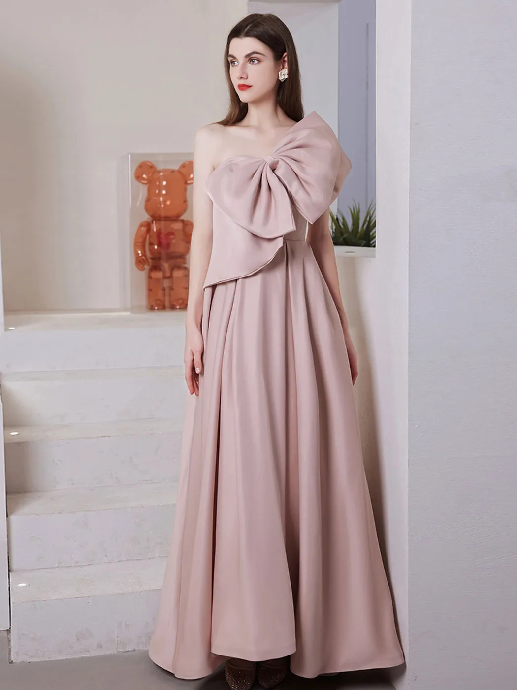 Aline Satin Pink Long Prom Dress, Pink Formal Wedding Party Dress