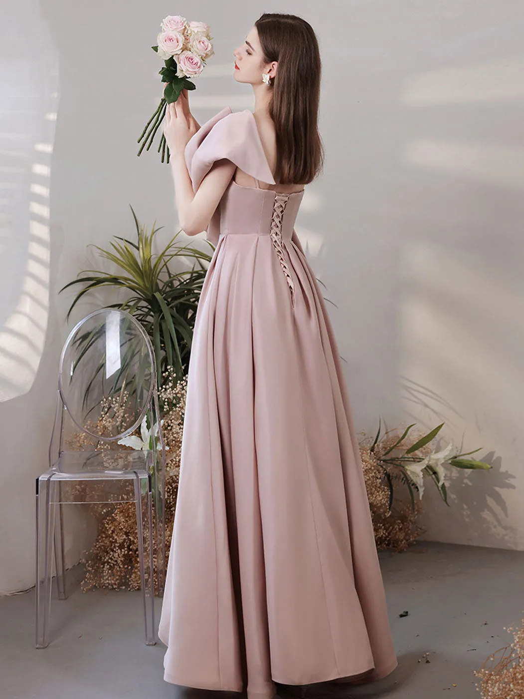 Aline Satin Pink Long Prom Dress, Pink Formal Wedding Party Dress