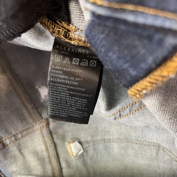 All Saints Women’s Flare Jeans Size 27 Blue Raw Indigo Dark Wash Denim Casual