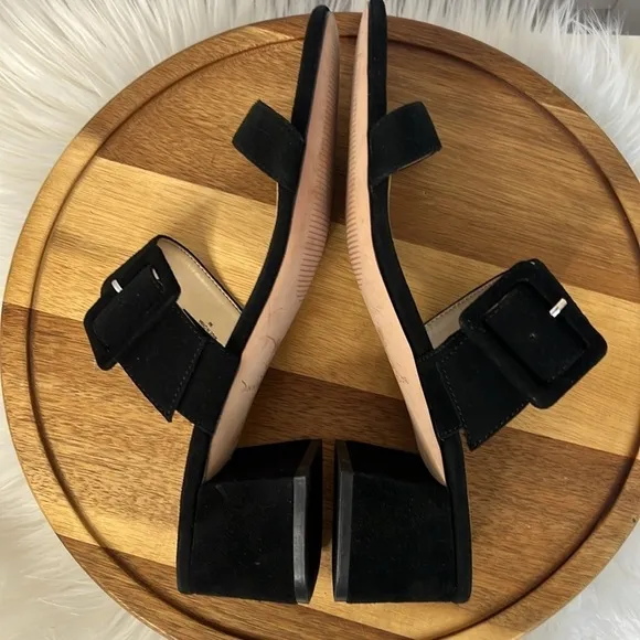 ANN TAYLOR l Black Taylor Buckle Side Open Toe Mule Suede Size 9 Casual Slip-on