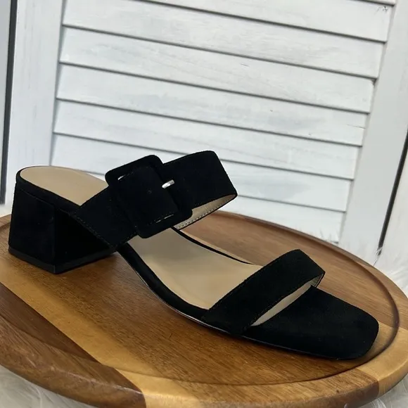 ANN TAYLOR l Black Taylor Buckle Side Open Toe Mule Suede Size 9 Casual Slip-on
