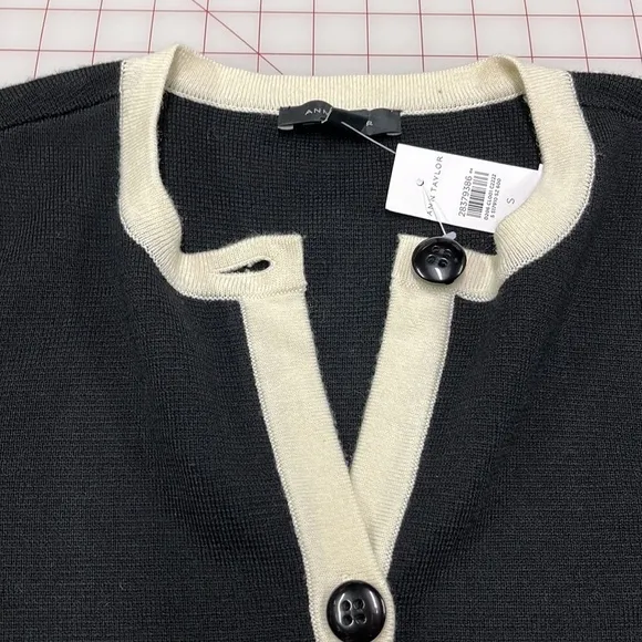 ANN TAYLOR NWT Career Black/Ivory Trim Long Line Button Front Wool Cardigan SZ S
