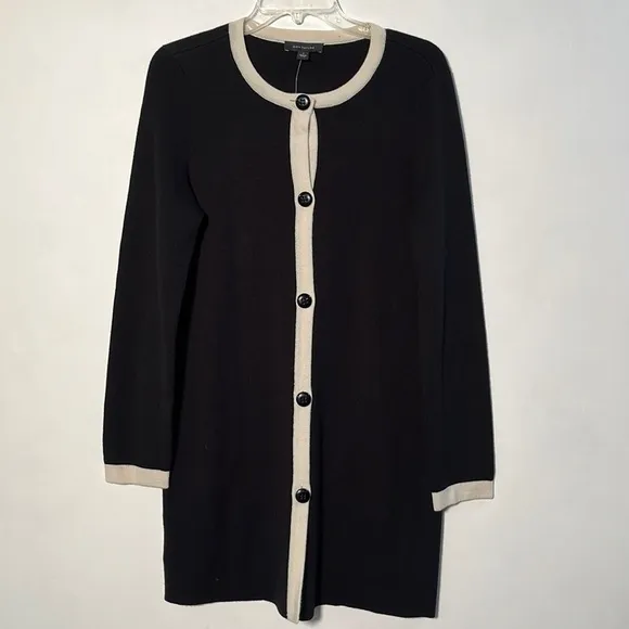 ANN TAYLOR NWT Career Black/Ivory Trim Long Line Button Front Wool Cardigan SZ S