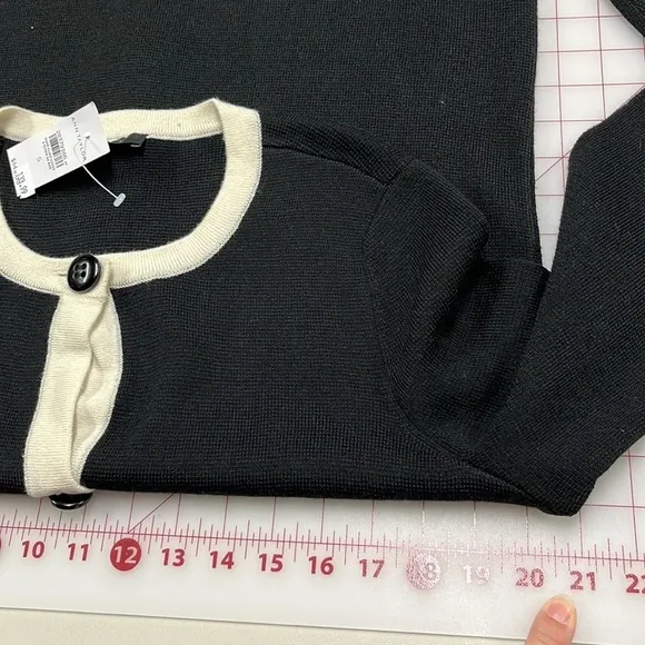 ANN TAYLOR NWT Career Black/Ivory Trim Long Line Button Front Wool Cardigan SZ S