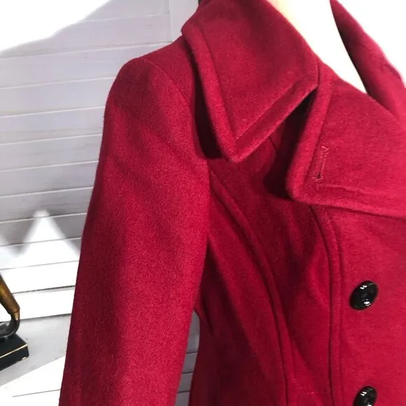 Anne Klein Peacoat Classic Preppy Double-Breasted Wool Blend Red Burgundy Sz S