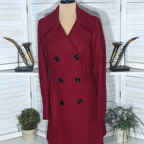 Anne Klein Peacoat Classic Preppy Double-Breasted Wool Blend Red Burgundy Sz S