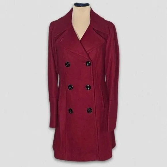 Anne Klein Peacoat Classic Preppy Double-Breasted Wool Blend Red Burgundy Sz S
