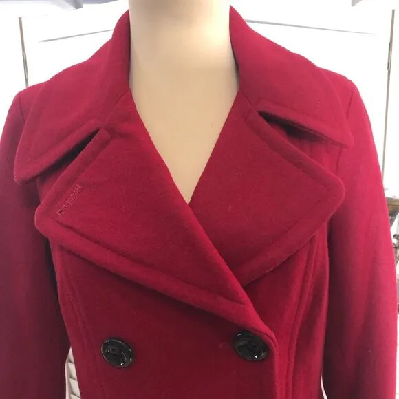 Anne Klein Peacoat Classic Preppy Double-Breasted Wool Blend Red Burgundy Sz S