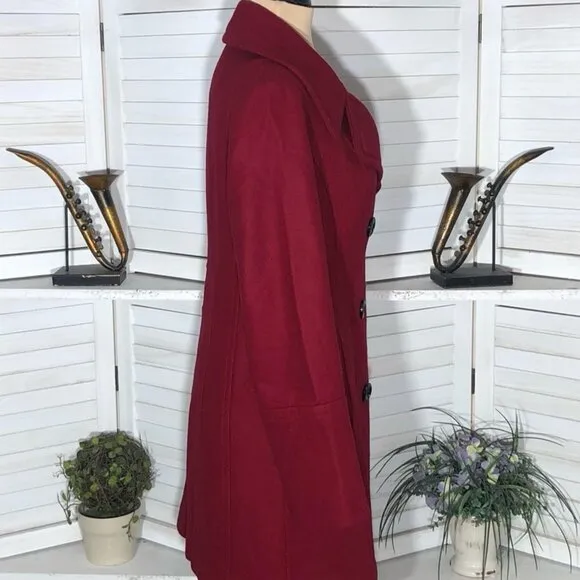 Anne Klein Peacoat Classic Preppy Double-Breasted Wool Blend Red Burgundy Sz S