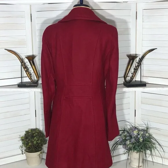 Anne Klein Peacoat Classic Preppy Double-Breasted Wool Blend Red Burgundy Sz S