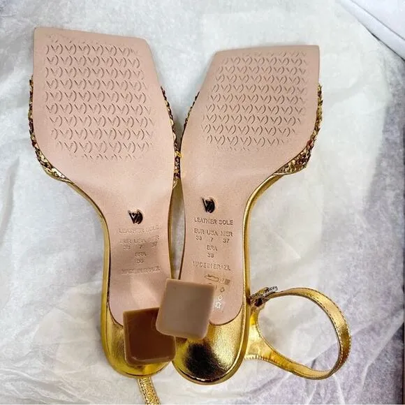 Anthro Vicenza Metallic Gold Sequin Sandal Heels Square Toe Ankle Strap Size 7