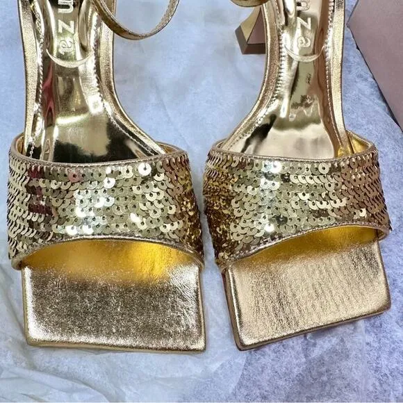 Anthro Vicenza Metallic Gold Sequin Sandal Heels Square Toe Ankle Strap Size 7