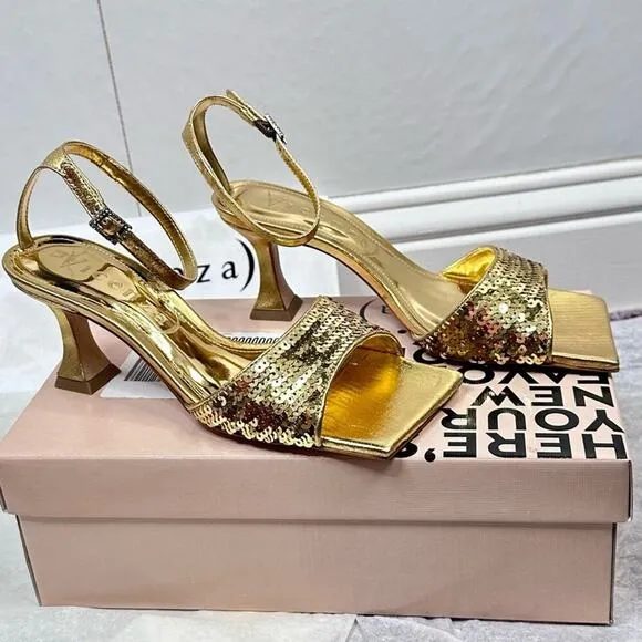 Anthro Vicenza Metallic Gold Sequin Sandal Heels Square Toe Ankle Strap Size 7