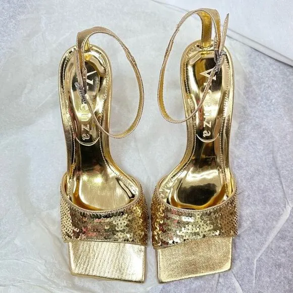 Anthro Vicenza Metallic Gold Sequin Sandal Heels Square Toe Ankle Strap Size 7