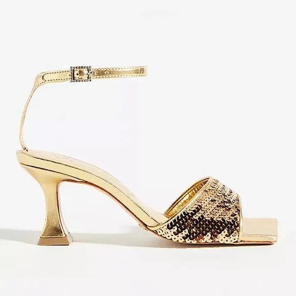 Anthro Vicenza Metallic Gold Sequin Sandal Heels Square Toe Ankle Strap Size 7