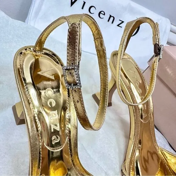 Anthro Vicenza Metallic Gold Sequin Sandal Heels Square Toe Ankle Strap Size 7