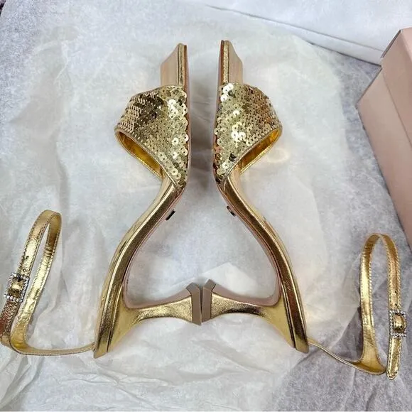 Anthro Vicenza Metallic Gold Sequin Sandal Heels Square Toe Ankle Strap Size 7