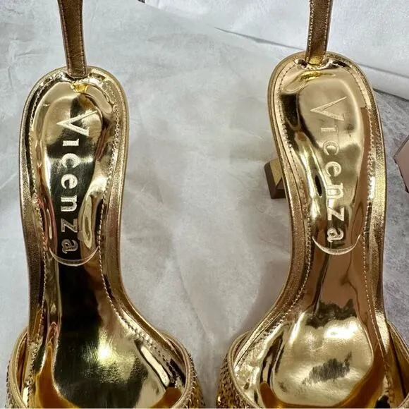 Anthro Vicenza Metallic Gold Sequin Sandal Heels Square Toe Ankle Strap Size 7