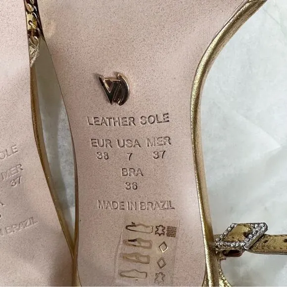 Anthro Vicenza Metallic Gold Sequin Sandal Heels Square Toe Ankle Strap Size 7