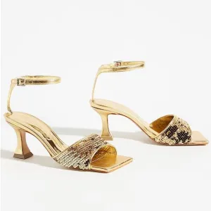 Anthro Vicenza Metallic Gold Sequin Sandal Heels Square Toe Ankle Strap Size 7