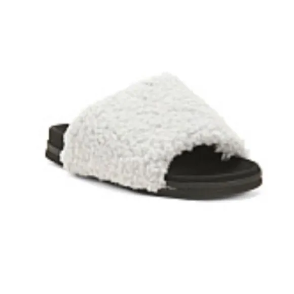 Anthropologie ROAM Cozy Fuzzy Slide Sandals in Black and Light Gray