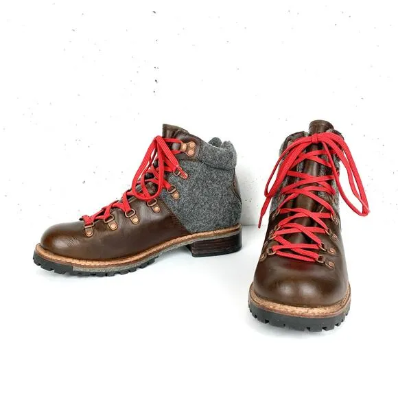 Anthropologie Woolrich Rockies Hiking Boots Ankle Brown Leather Grey Wool Size 9