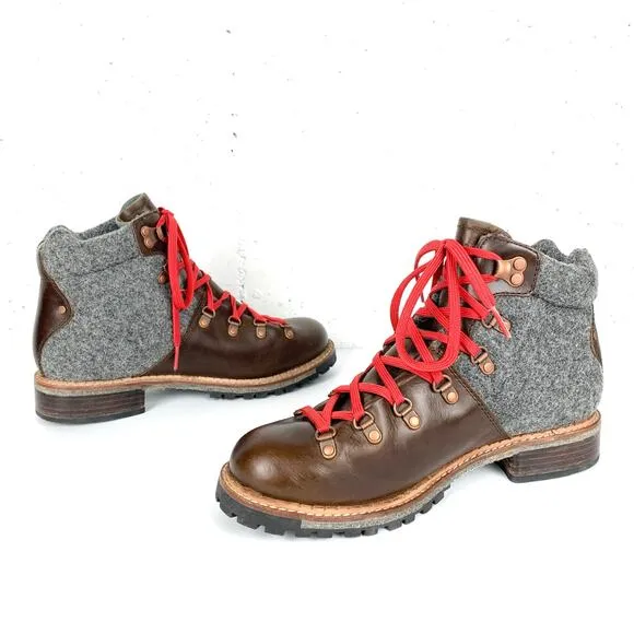 Anthropologie Woolrich Rockies Hiking Boots Ankle Brown Leather Grey Wool Size 9