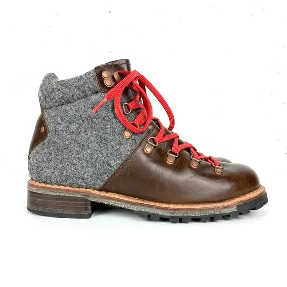 Anthropologie Woolrich Rockies Hiking Boots Ankle Brown Leather Grey Wool Size 9