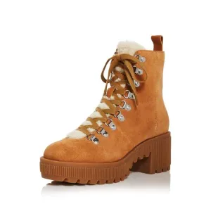 AQUA Womens Brown 1&quot; Platform Grady Block Heel Leather Combat Boots 8.5 M