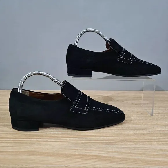 Aquatalia Loafer Trisha Block Heel Pump Womens Black Suede Shoe Size 8.5