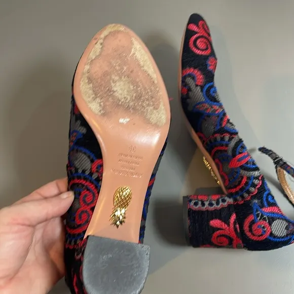 AQUAZZURA BROCADE EMBROIDERED ANKLE STRAP HEEL 38