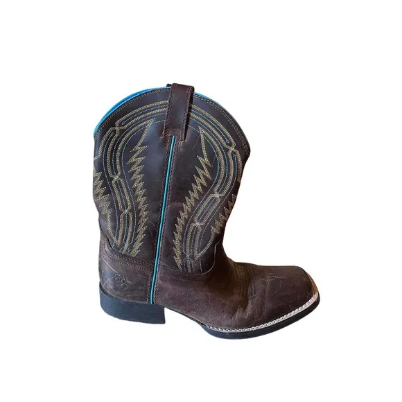 Ariat Kids Chute Boss Distress Brown/Old Blue Leather Cowboy Boots Size 4.5 EUC
