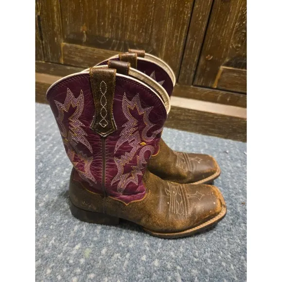 ARIAT Purple Womens Boots Size 4 Tombstone Western Square Toe Leather Flames