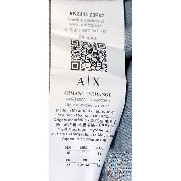 Armani Exchange A|X J13 Men's Slim Fit Dark Blue Stretch Cotton‎ Jeans 38R