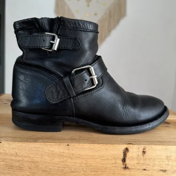 𝅺Ash Black Leather Double Silver Buckle Grunge Moto Ankle Boots US Size 8 / 39