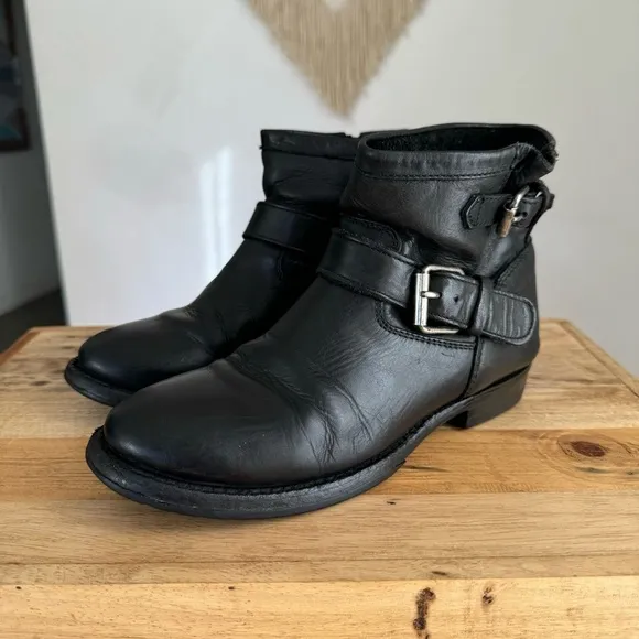 𝅺Ash Black Leather Double Silver Buckle Grunge Moto Ankle Boots US Size 8 / 39
