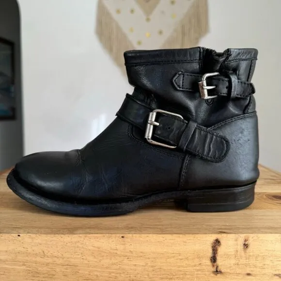 𝅺Ash Black Leather Double Silver Buckle Grunge Moto Ankle Boots US Size 8 / 39
