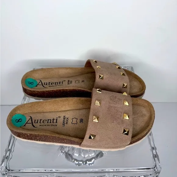 AUTENTI Tan Size 8 Women's Studded Slide Sandals. Made in Spain NWOT