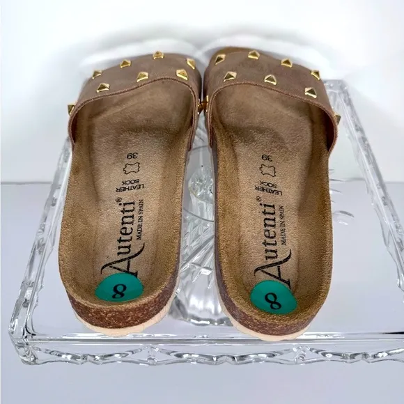 AUTENTI Tan Size 8 Women's Studded Slide Sandals. Made in Spain NWOT