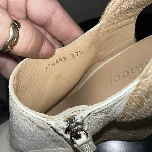 Authentic GUCCI Cream Leather Raffia Jute Wedge Heel Slingback Sandals EU 37.5