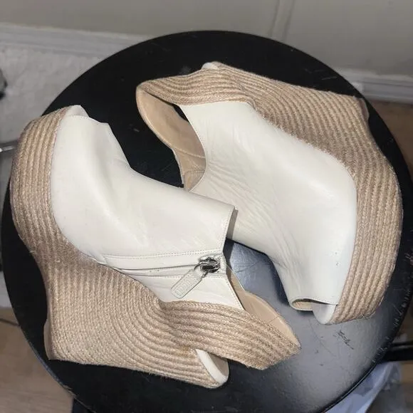 Authentic GUCCI Cream Leather Raffia Jute Wedge Heel Slingback Sandals EU 37.5