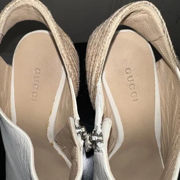 Authentic GUCCI Cream Leather Raffia Jute Wedge Heel Slingback Sandals EU 37.5