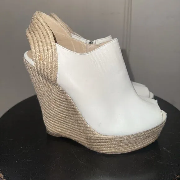 Authentic GUCCI Cream Leather Raffia Jute Wedge Heel Slingback Sandals EU 37.5