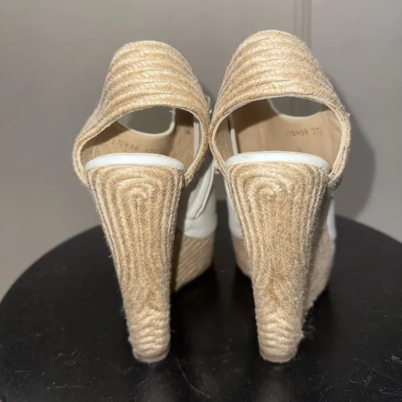Authentic GUCCI Cream Leather Raffia Jute Wedge Heel Slingback Sandals EU 37.5