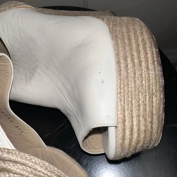 Authentic GUCCI Cream Leather Raffia Jute Wedge Heel Slingback Sandals EU 37.5