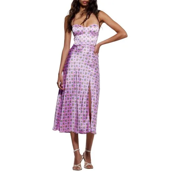 B8 ZARA Women's Floral Satin Strappy Midi Dress Mauve Stretch