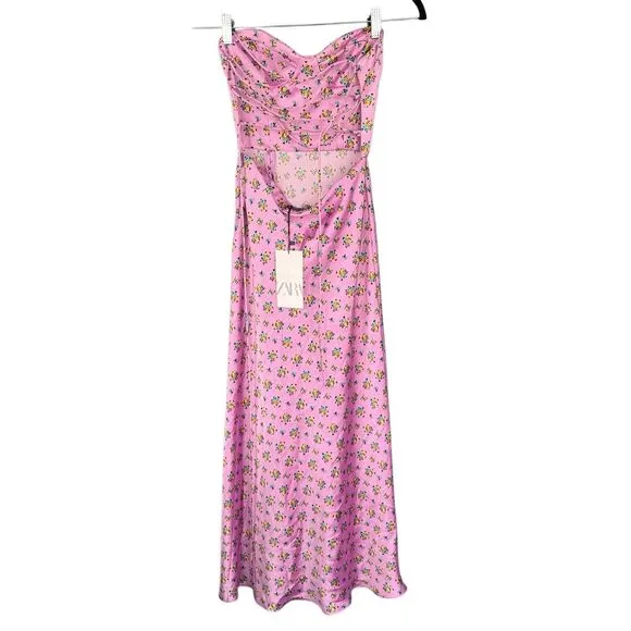 B8 ZARA Women's Floral Satin Strappy Midi Dress Mauve Stretch